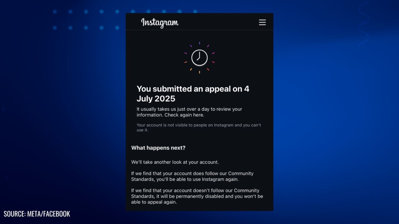 Instagram appeal confirmation screen displaying a message that says, “You submitted an appeal,” and notes that “it usually takes us just over a day to review your information.” The screen also states, “Your account is not visible to people on Instagram and you can't use it.” Below, the message explains, “If we find that your account does follow our Community Standards, you'll be able to use Instagram again,” and warns that if it doesn't, the account “will be permanently disabled and you won't be able to appeal again.” The design features a dark background, white text, and a clock icon at the top. Source is marked as Meta/Facebook.