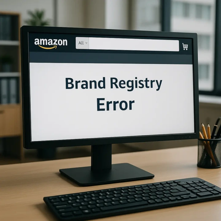 A computer monitor on a desk in a modern office displays the Amazon website with a large error message reading "Brand Registry Error." The desk features a keyboard, a pen holder with pencils, and natural light coming through a window in the background.