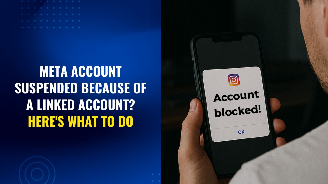 Person looking at a smartphone screen showing "Account Blocked" on Instagram due to a linked Meta account, with text explaining what to do next.