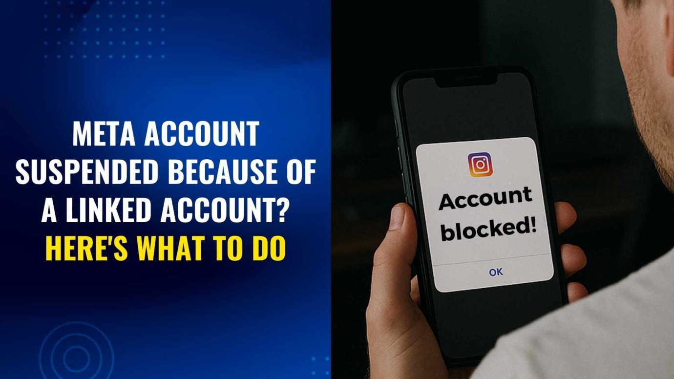 Person looking at a smartphone screen showing "Account Blocked" on Instagram due to a linked Meta account, with text explaining what to do next.