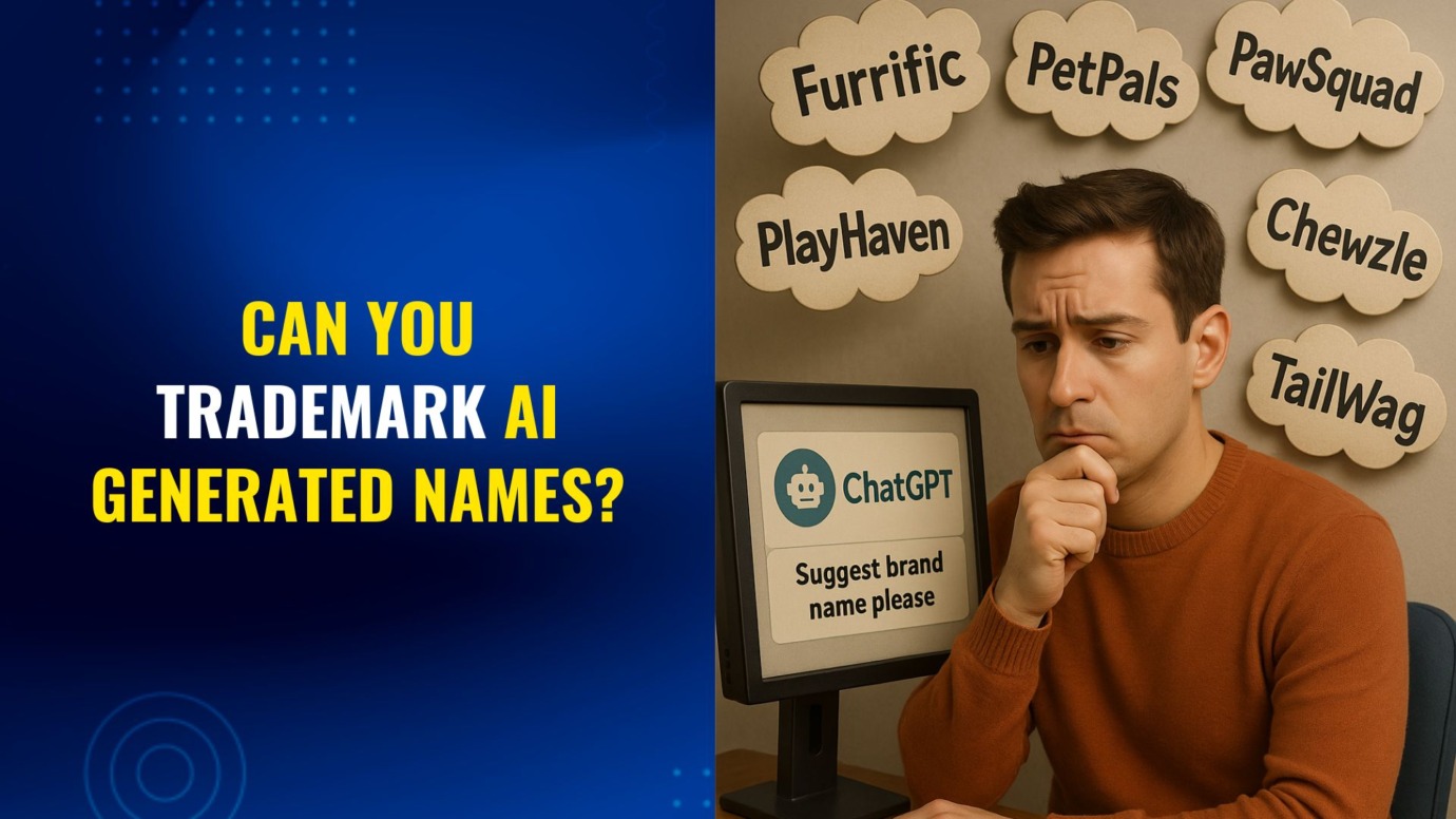 A concerned man sitting at a desk with a computer displaying "Suggest brand name please" under the ChatGPT logo, surrounded by AI-generated brand name suggestions like "Furrific" and "TailWag," alongside bold text asking, "Can You Trademark AI Generated Names?" on a blue background.