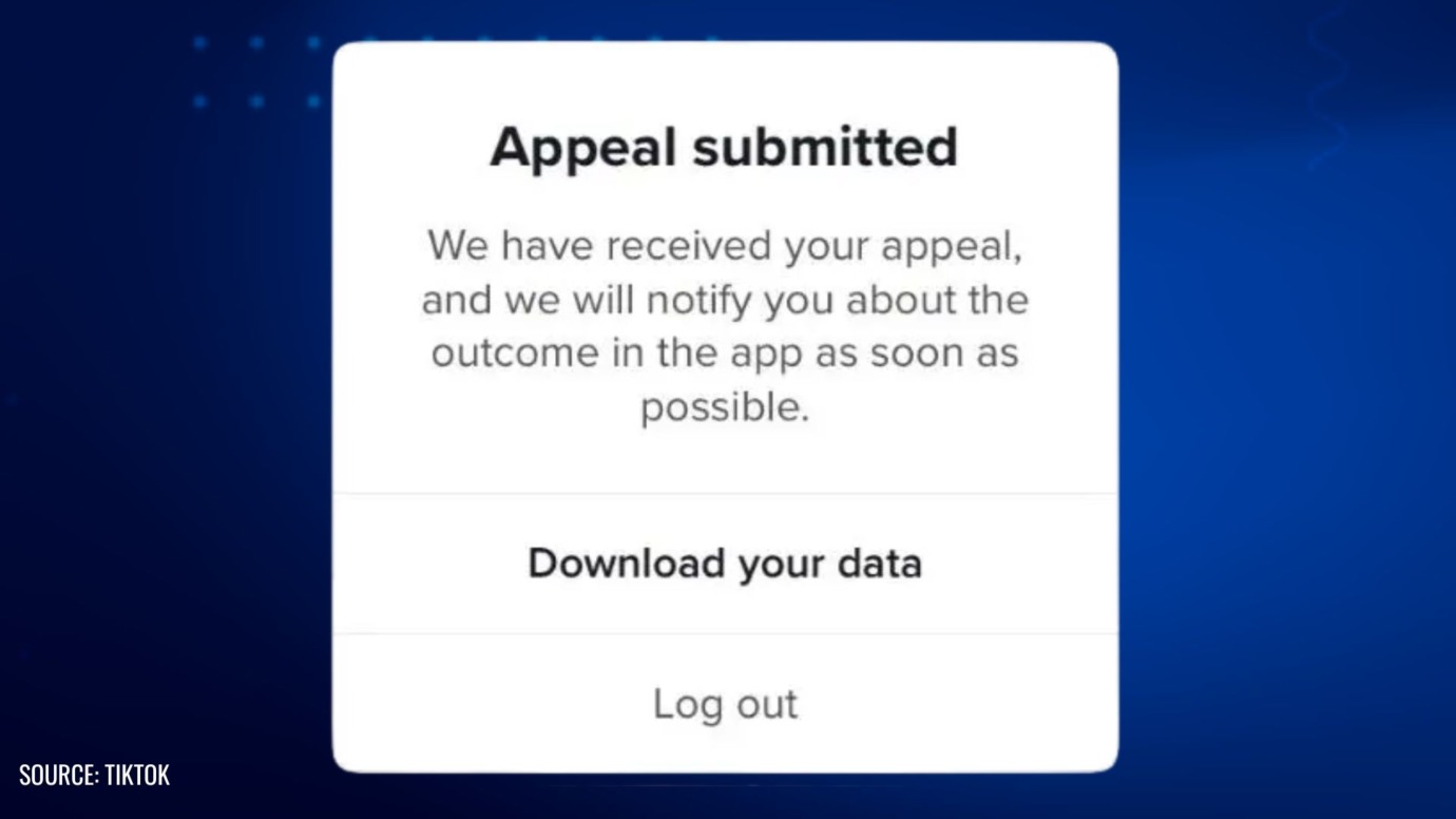 TikTok screen confirming that an appeal was submitted successfully, with options to download account data or log out.