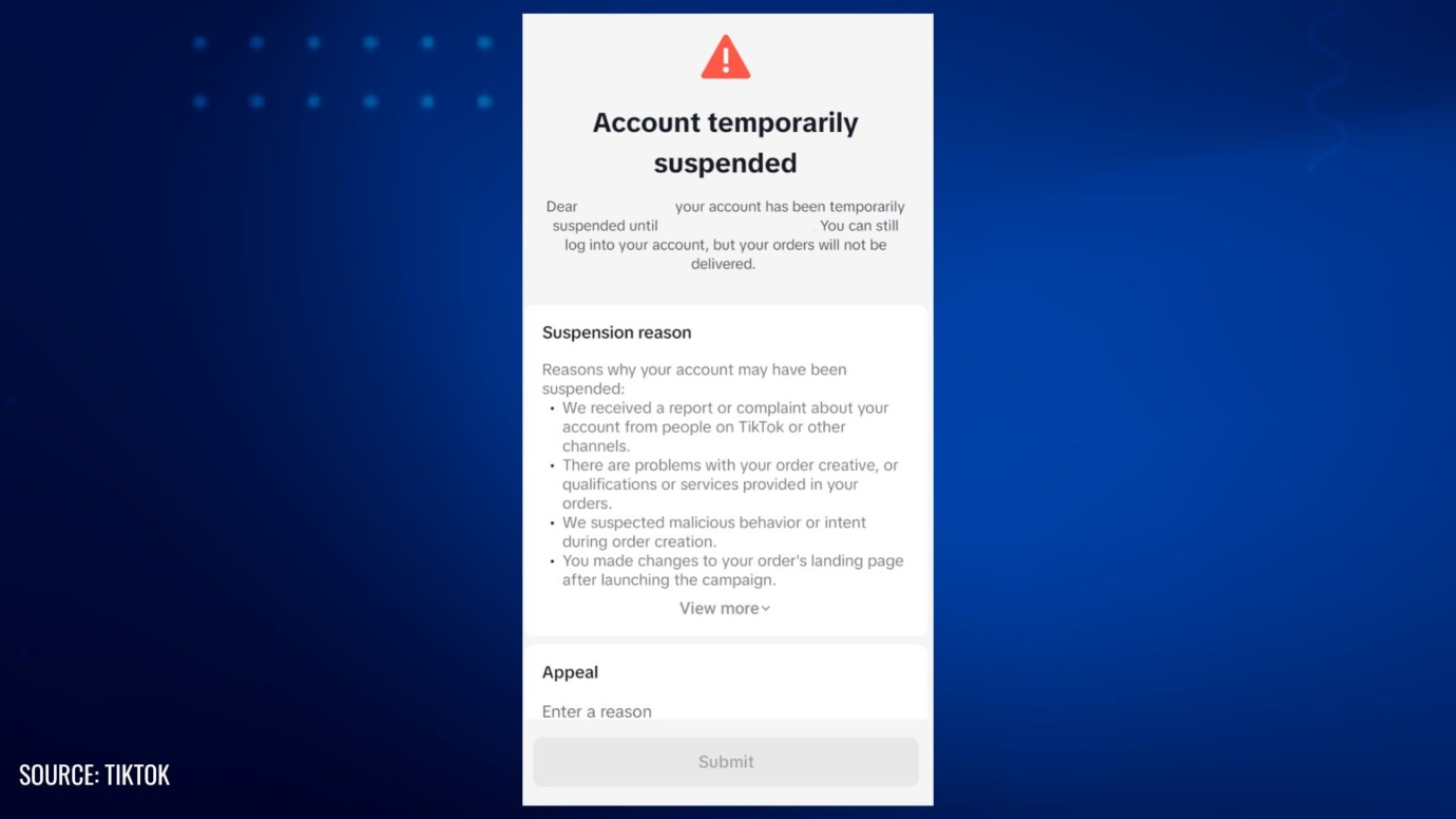 Screenshot of a TikTok message stating "Account temporarily suspended," with listed reasons including user complaints, order issues, and suspected malicious behavior.