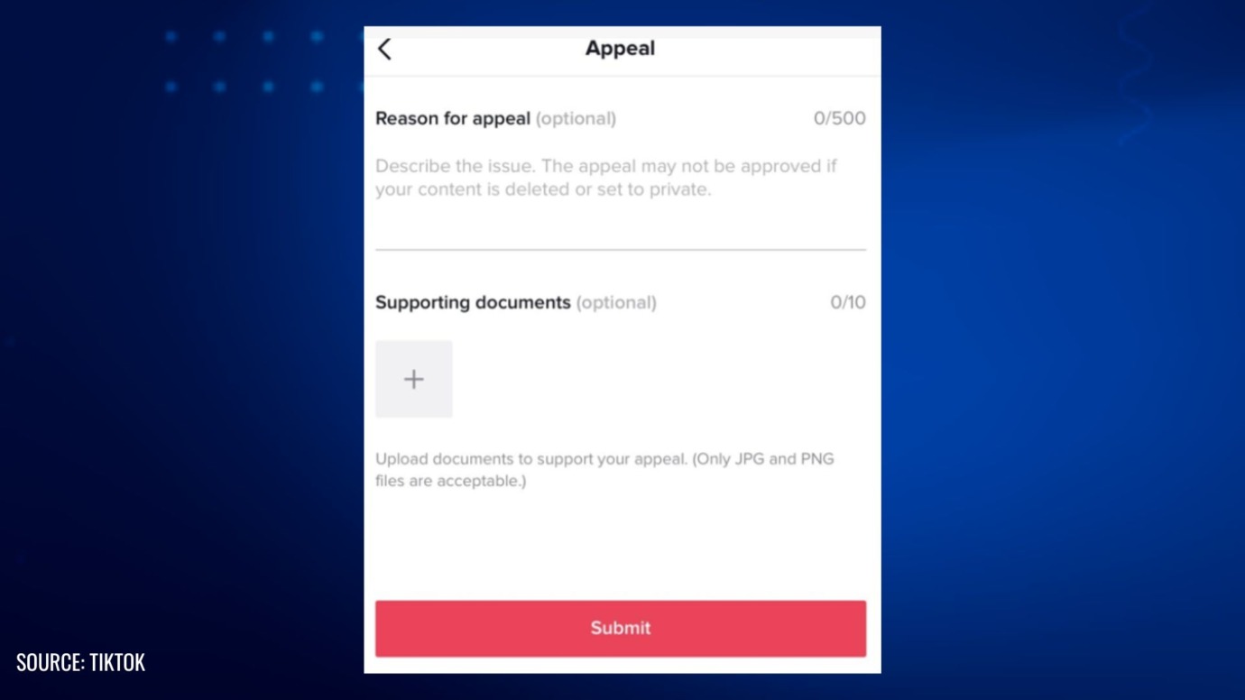 Screenshot of the TikTok appeal form, showing fields to enter a reason for appeal and upload supporting documents for account suspension review.