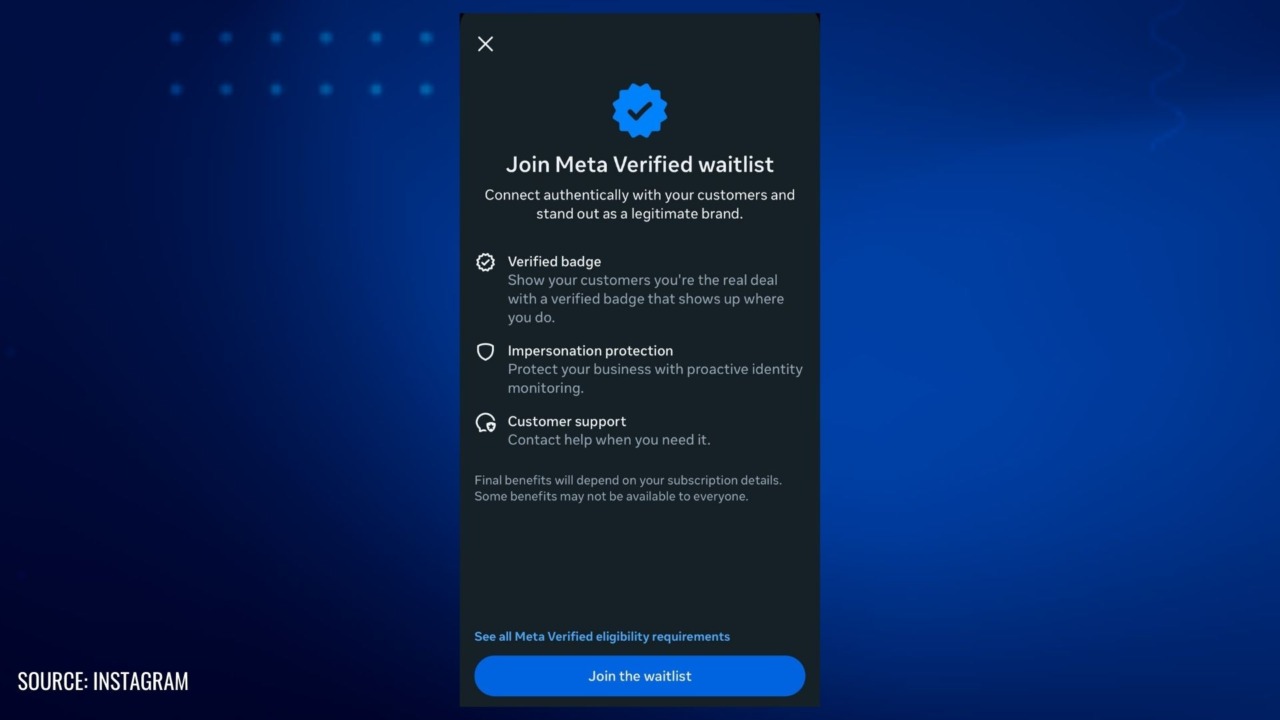 Screenshot of the Meta Verified waitlist prompt on Instagram, highlighting benefits like verified badge, impersonation protection, and customer support.