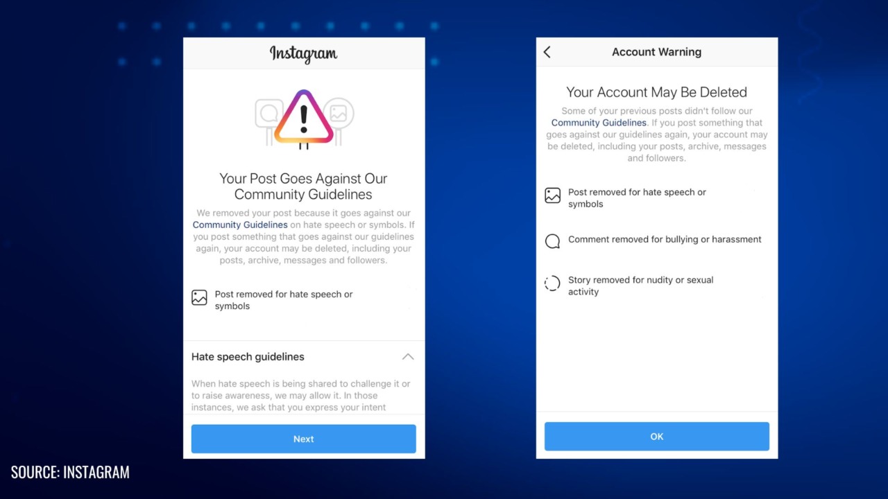 Two Instagram warning screens side by side on a blue gradient background. The left screen shows a notification titled "Your Post Goes Against Our Community Guidelines" with details about hate speech or symbols violation and a "Next" button. The right screen is an "Account Warning" titled "Your Account May Be Deleted," listing reasons such as post removal for hate speech or symbols, comment removal for bullying or harassment, and story removal for nudity or sexual activity, with an "OK" button. The bottom-left corner notes "Source: Instagram."