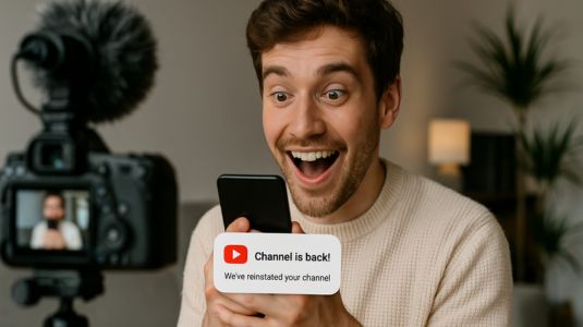 A young man with a light beard and brown hair looks excited and happy while holding a smartphone. He is sitting in front of a professional vlog camera with a microphone attached. On the phone screen, there is a notification that says, 