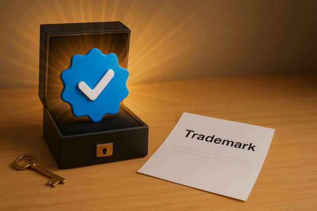Blue Gmail checkmark badge glowing inside an open box with a trademark certificate and key on a wooden surface, symbolizing verified brand identity and trademark approval.