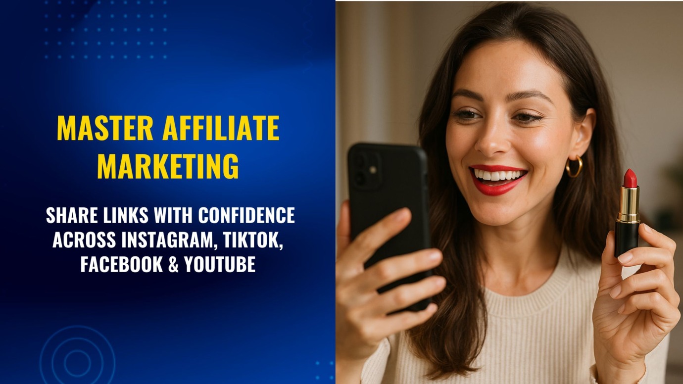 A smiling young woman holding a smartphone in one hand while taking a selfie and holding a red lipstick in the other hand, recommending the product. The background features a blue gradient with text promoting affiliate marketing across major social platforms.
