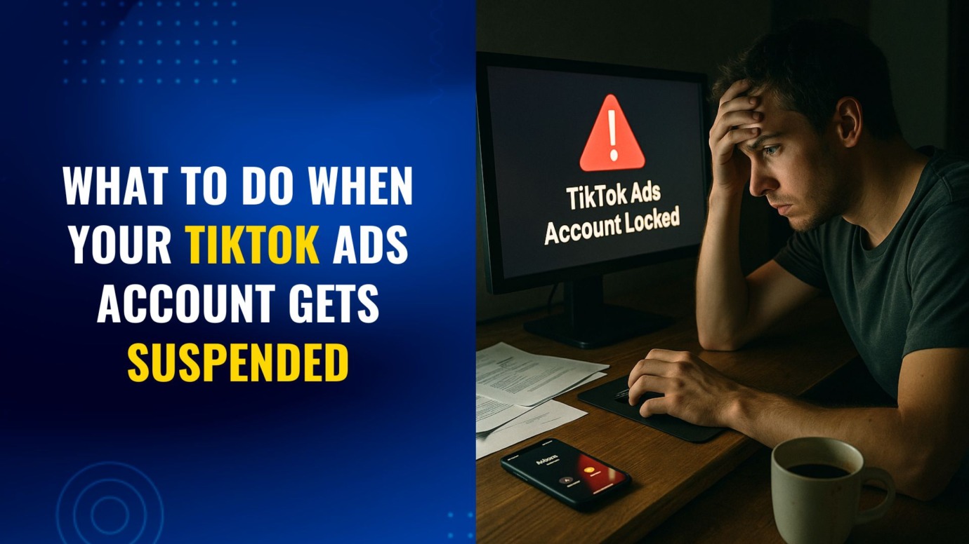 A stressed young man sits at his desk at night, looking at a computer screen displaying a "TikTok Ads Account Locked" warning. Coffee cup, phone, and documents emphasize urgency and frustration—blog cover about TikTok ad account suspension solutions.