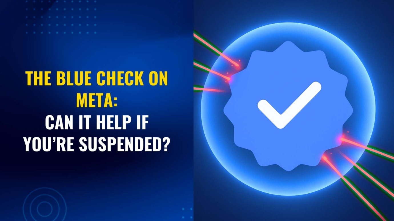 Illustration of a glowing Meta Verified blue check badge deflecting red and green laser beams, with the text "The Blue Check on Meta: Can It Help If You’re Suspended?" on a dark blue background.