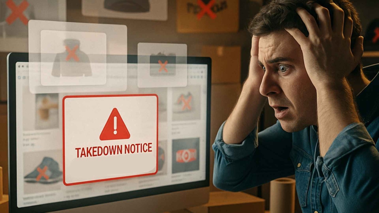A shocked online seller holds his head in disbelief while staring at a computer screen displaying a large takedown notice, with ghosted product images marked by red crosses in the background—emphasizing the serious consequences of intellectual property violations.