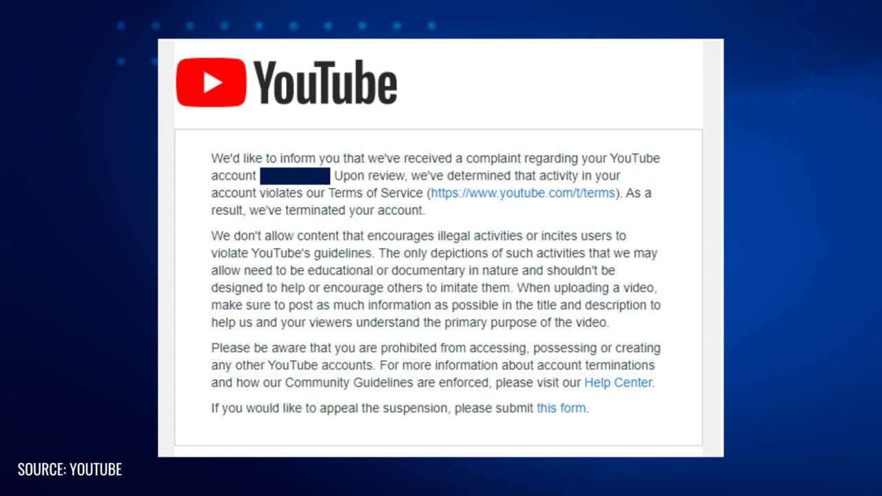 Example of a YouTube account suspension notice.