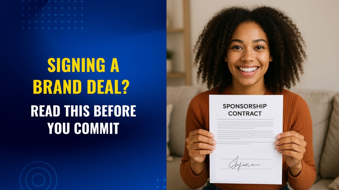 Smiling female influencer at home holding a signed sponsorship contract, next to a bold headline that reads: “Signing a Brand Deal? Read This Before You Commit.”