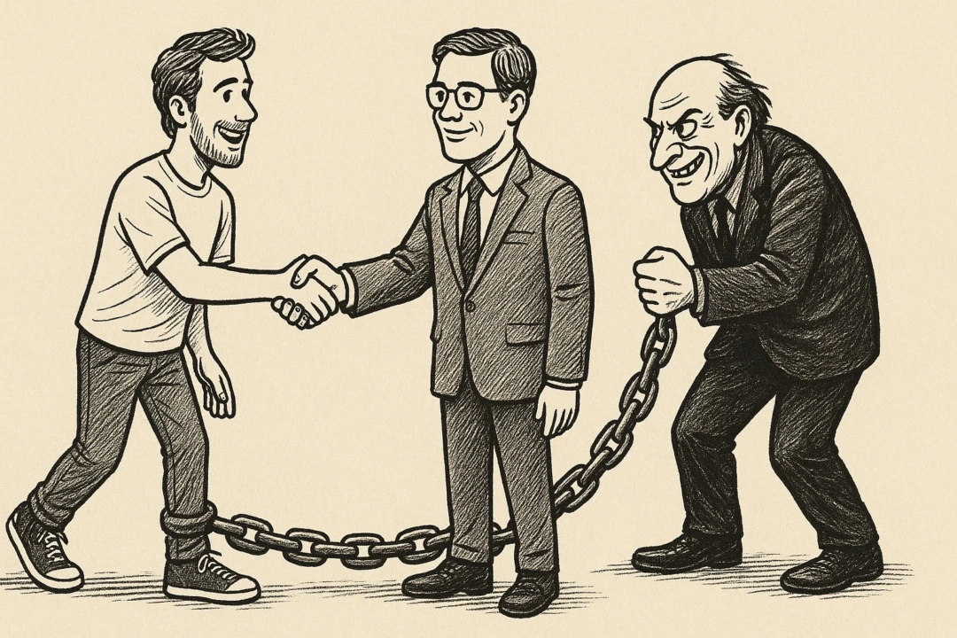 A hand-drawn illustration of a smiling content creator shaking hands with a brand manager in a suit, while an evil-looking man in the background pulls a chain wrapped around the content creator’s ankle, symbolizing restrictive contract terms.