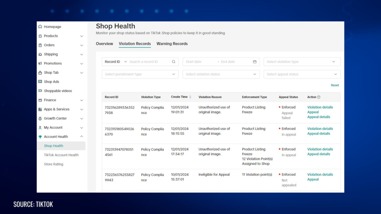 Screenshot of the TikTok Shop “Violation Records” page showing multiple enforcement actions for policy compliance issues, such as unauthorized use of original images and ineligible appeals, with violation points and listing freezes applied.