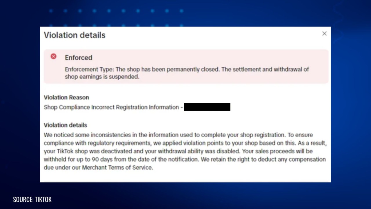 Screenshot of a TikTok Shop violation notice showing permanent shop closure due to incorrect registration information. The message states that earnings are suspended and proceeds may be withheld for up to 90 days.