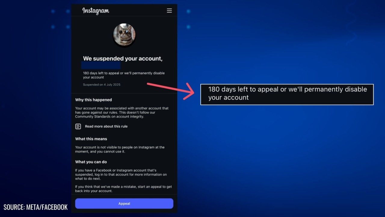 Instagram account suspension notice showing a 180-day countdown to appeal before permanent account deletion, with an arrow pointing to the warning text.