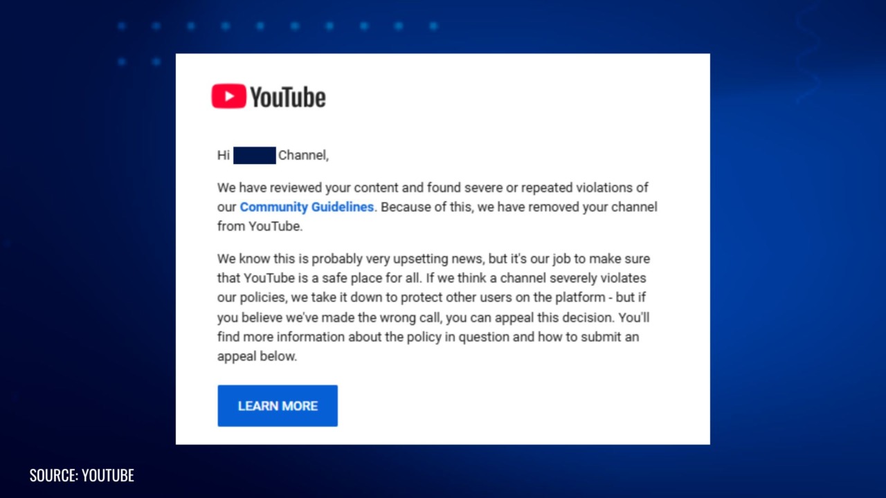 A screenshot of a YouTube channel termination notice, stating that the account was removed for severe or repeated violations of the platform's Community Guidelines. The message includes a "Learn More" button and explains the appeal process.