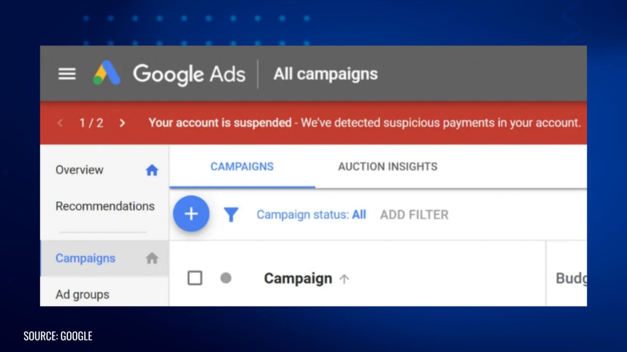 Google Ads dashboard showing red alert banner that reads "Your account is suspended – We've detected suspicious payments in your account."