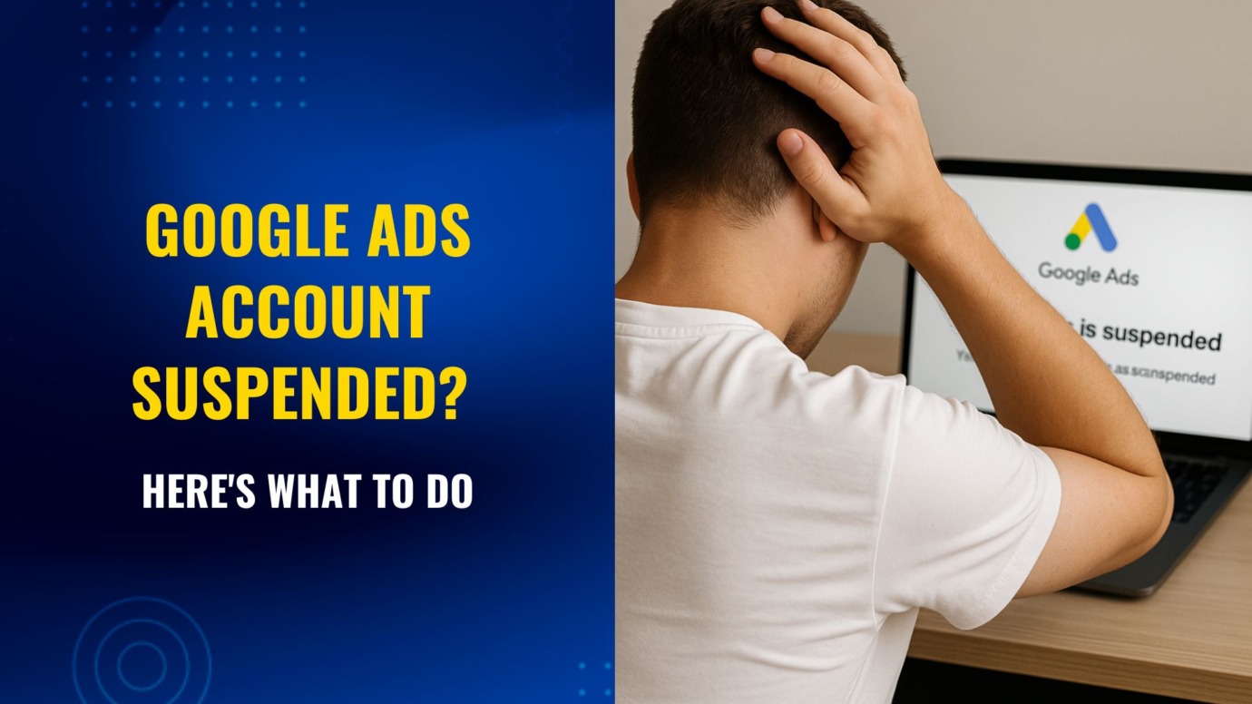 Frustrated man in a white t-shirt looking at a laptop displaying a Google Ads suspension message, with bold text on the left reading "Google Ads Account Suspended? Here's What to Do."