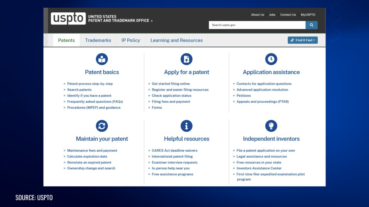 USPTO website showing patent resources including how to apply, maintain a patent, find legal help, and access tools for independent inventors.