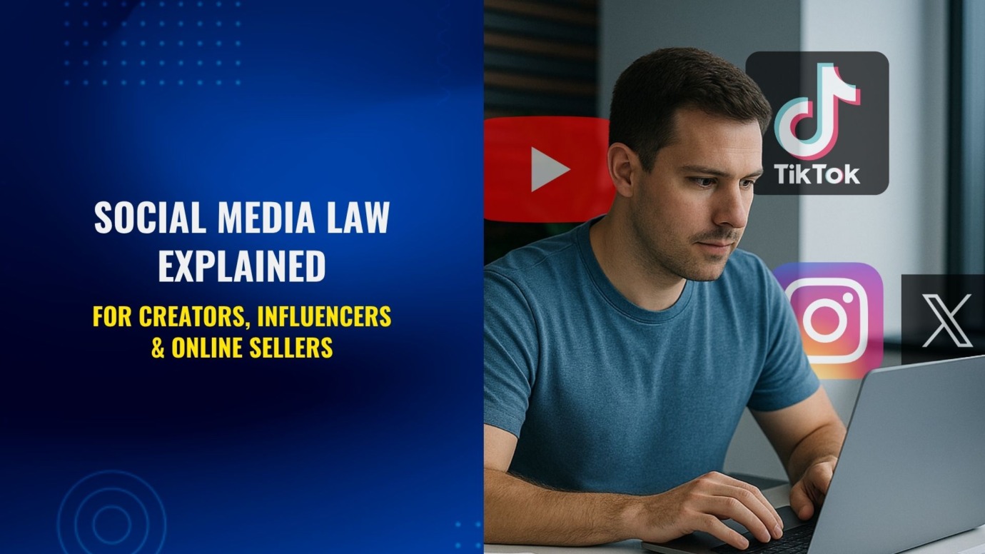 A young man in a blue t-shirt works intently on a laptop in a modern, naturally lit office. On the left side of the image, bold text reads "Social Media Law Explained – For Creators, Influencers & Online Sellers." Overlay icons for TikTok, Instagram, YouTube, and X (Twitter) appear on the right side, representing the digital platforms discussed.