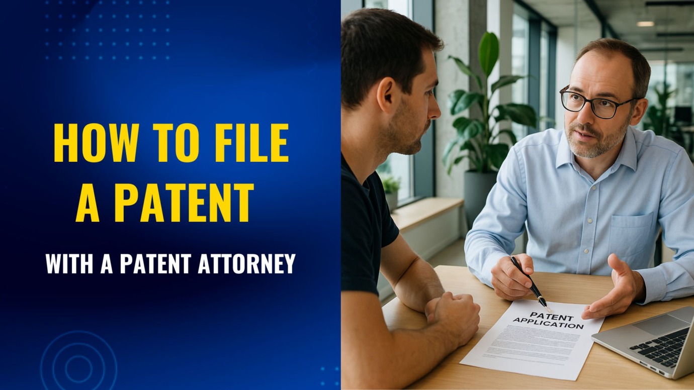 Patent attorney in a modern office explaining how to file a patent to a client wearing a dark blue t-shirt, with a visible patent application document and laptop on the desk