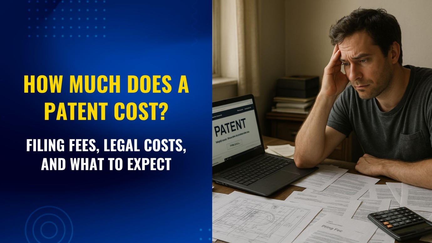 Young inventor sitting at a cluttered desk with blueprints, a laptop showing a patent website, and documents labeled "Filing Fee," looking overwhelmed. Text overlay reads: "How Much Does a Patent Cost? Filing Fees, Legal Costs, and What to Expect." Natural sunlight and home office background. Ask ChatGPT