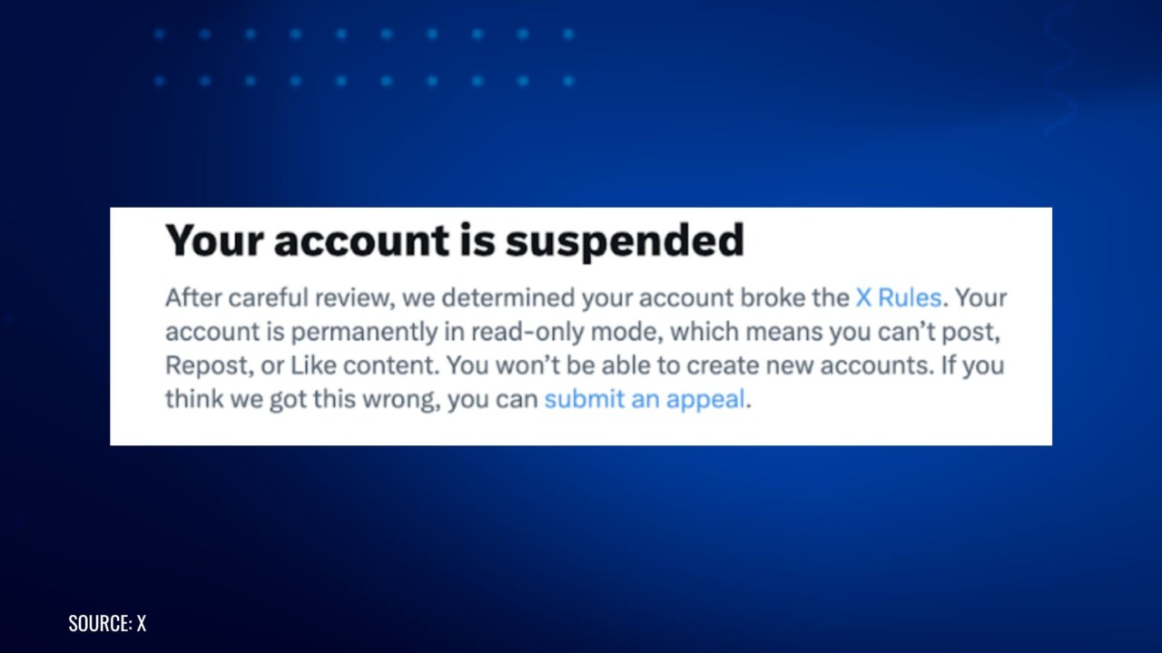 Screenshot of X (formerly Twitter) suspension notice stating the account violated X Rules, is in permanent read-only mode, and cannot post, repost, or like content, with an option to submit an appeal.