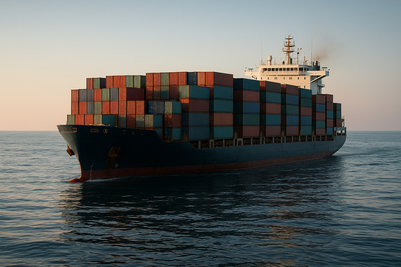 Large container ship carrying colorful cargo containers on calm ocean, symbolizing global e-commerce shipping