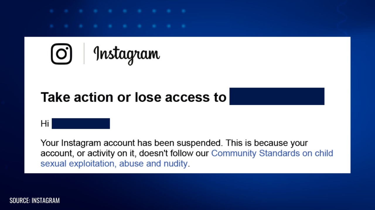 "Instagram suspension notice for false child exploitation, abuse, and nudity claims