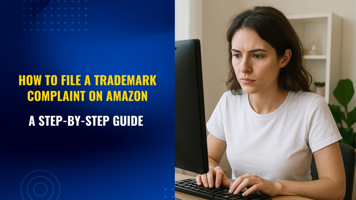 A focused woman in a white t-shirt working on a computer in a bright office, alongside text about how to file a trademark complaint on Amazon.