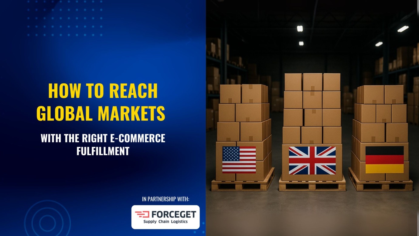 Warehouse with stacks of cardboard boxes on pallets, each marked with flags of the United States, United Kingdom, and Germany, representing international e-commerce fulfillment for global market expansion.