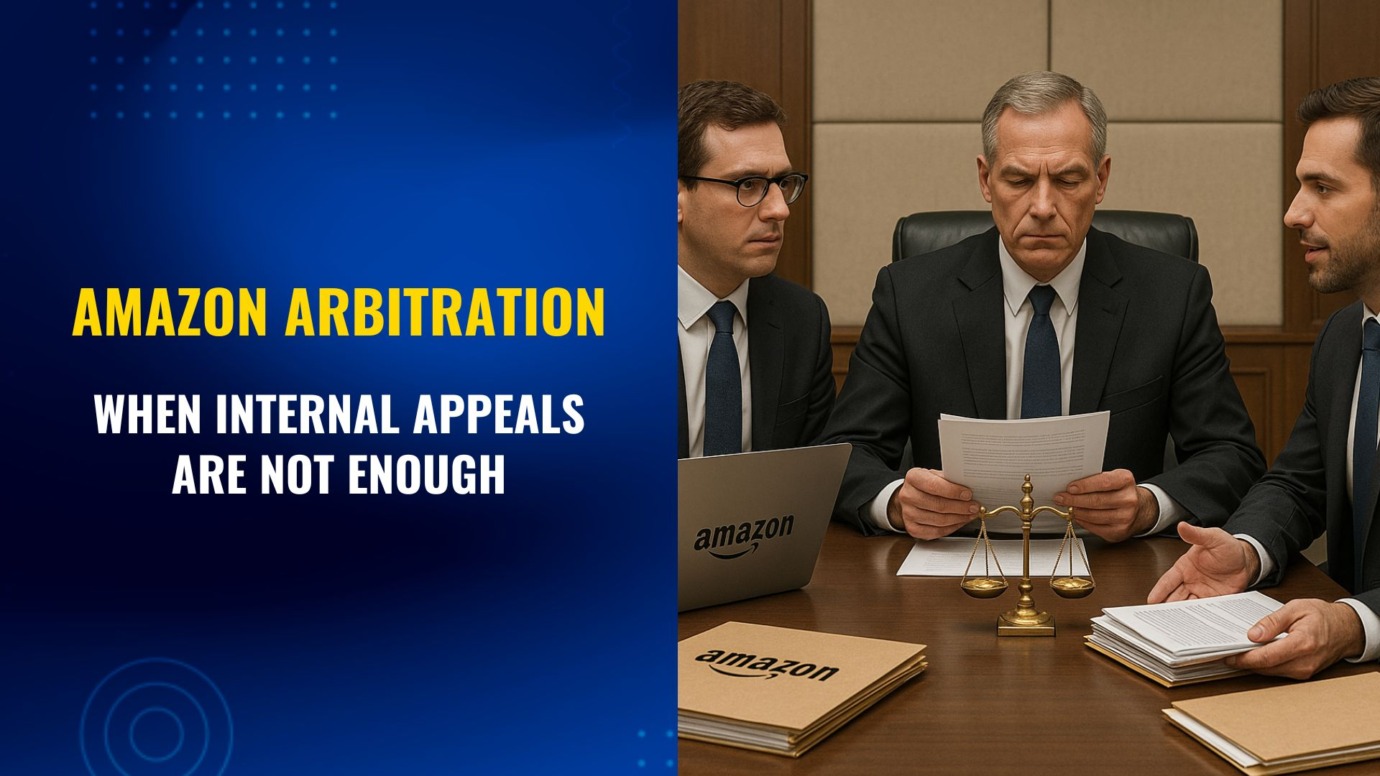 Amazon arbitration hearing with arbitrator, Amazon lawyer, and seller reviewing documents when appeals fail