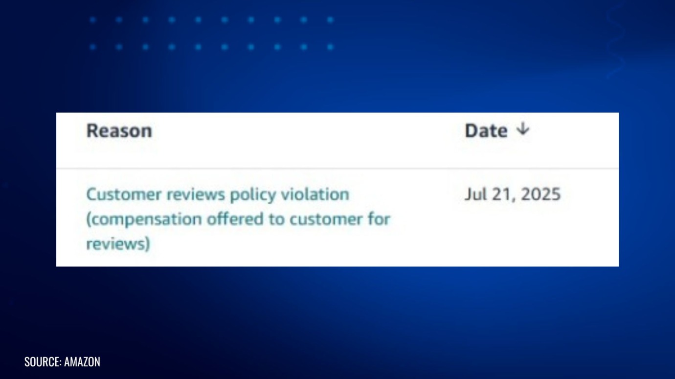Amazon suspension notice citing customer review policy violation for offering compensation