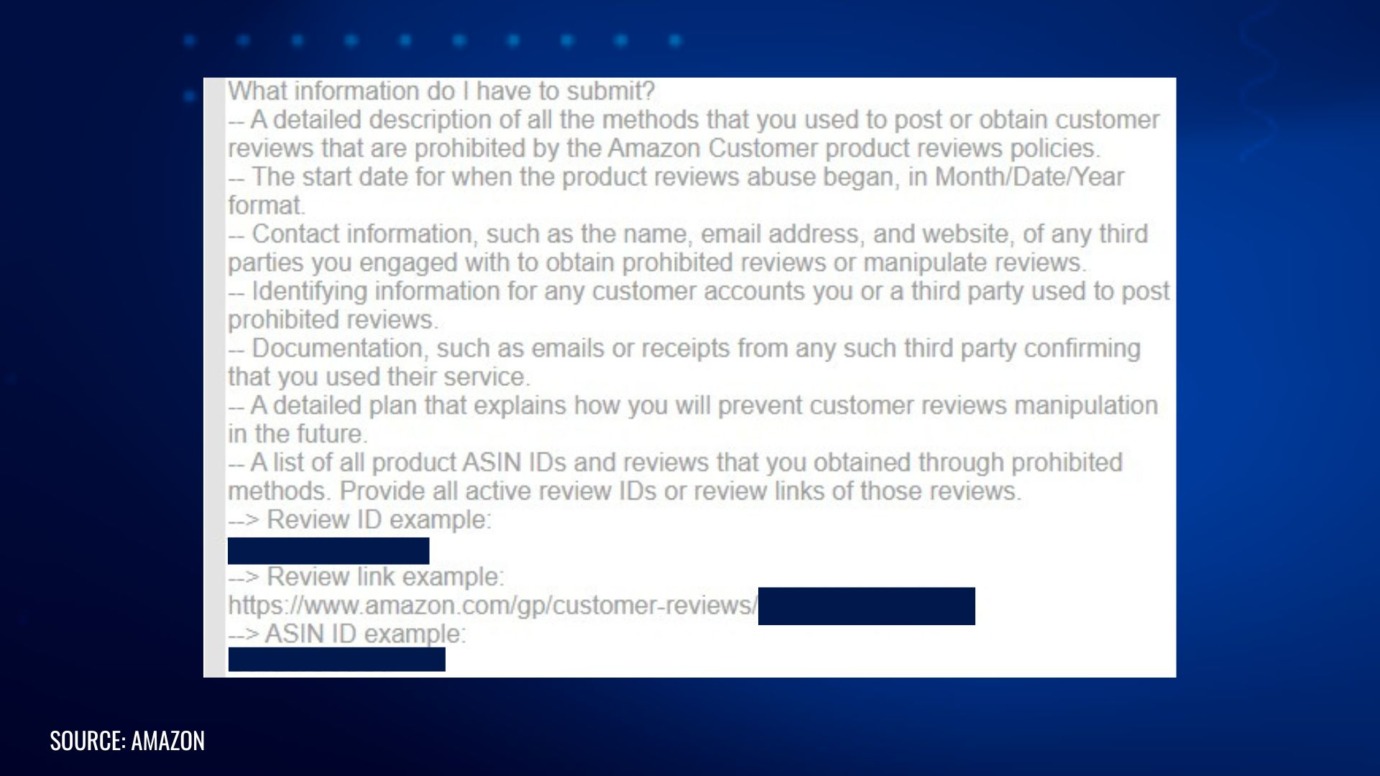 Amazon appeal request listing required documents and plan to address customer review manipulation violations