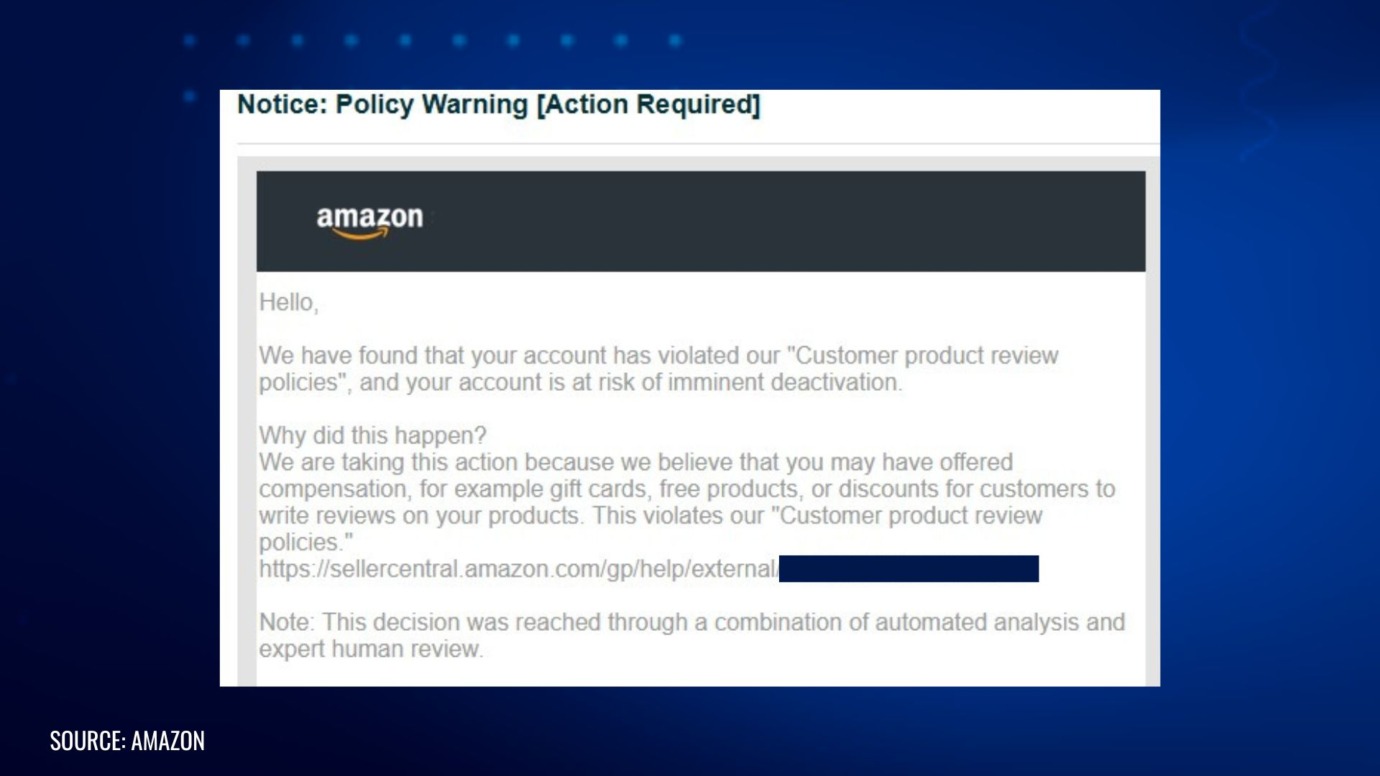 Amazon policy warning email notifying seller of account risk due to customer review manipulation and policy violation
