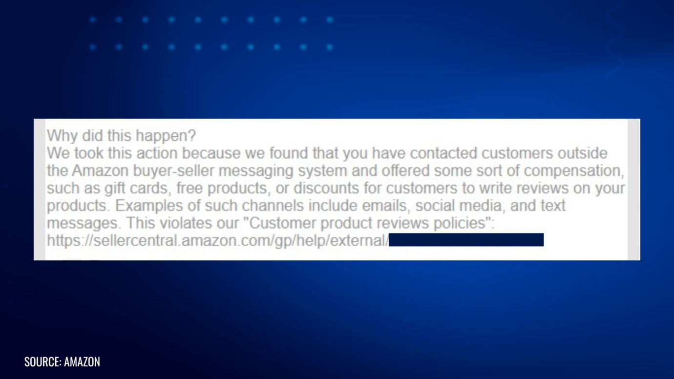 Amazon warning citing review manipulation for contacting customers outside buyer-seller messaging and offering incentives