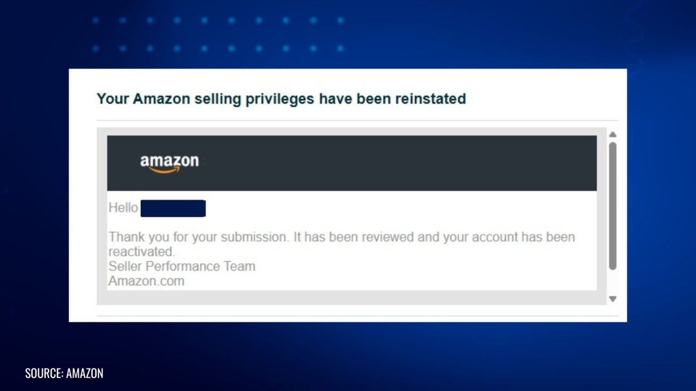 Amazon reinstatement notice confirming seller account reactivation after suspension appeal was approved