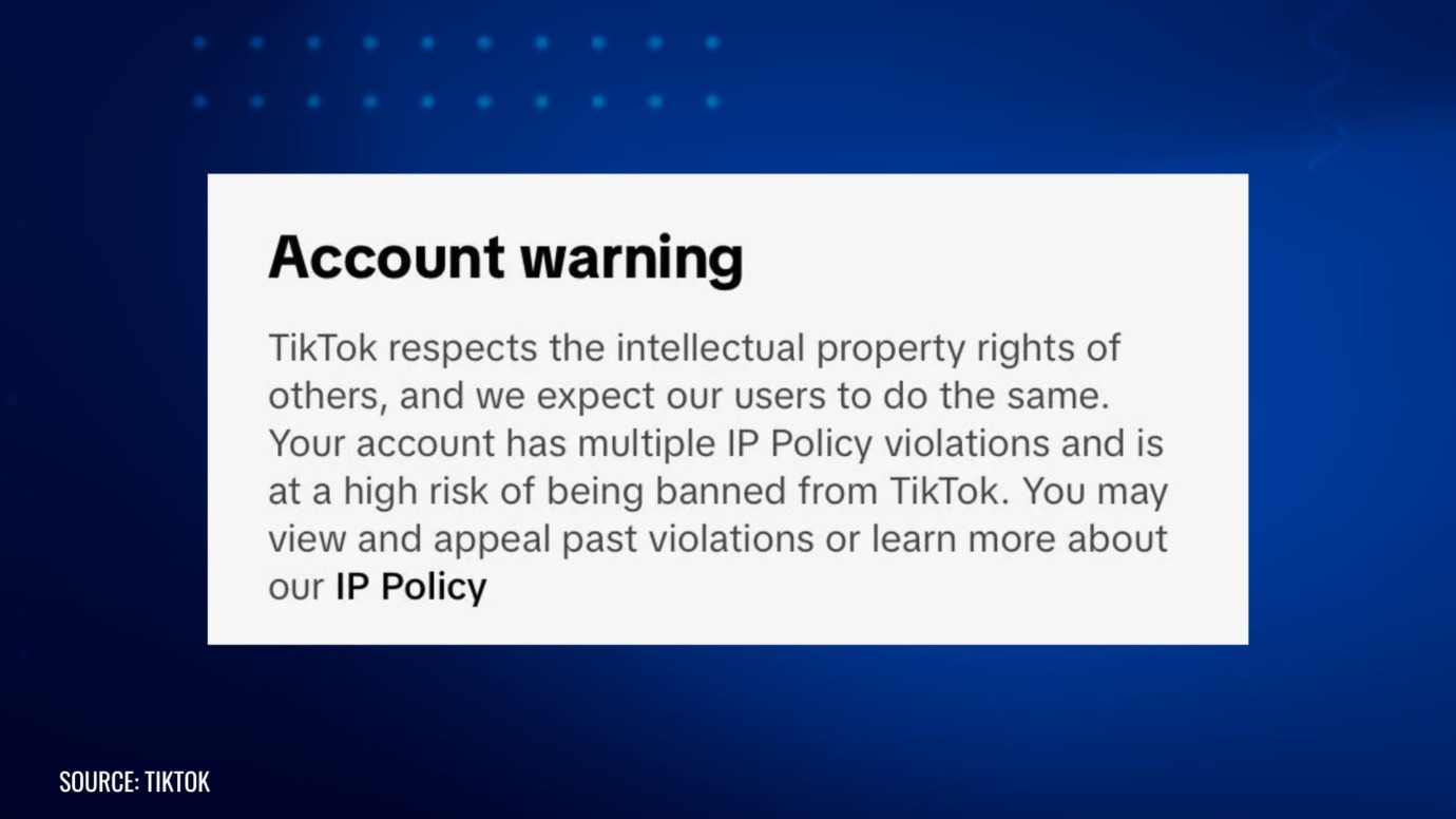 TikTok account warning message stating the user has multiple intellectual property policy violations, placing the account at high risk of being banned, with a link to review the IP Policy.