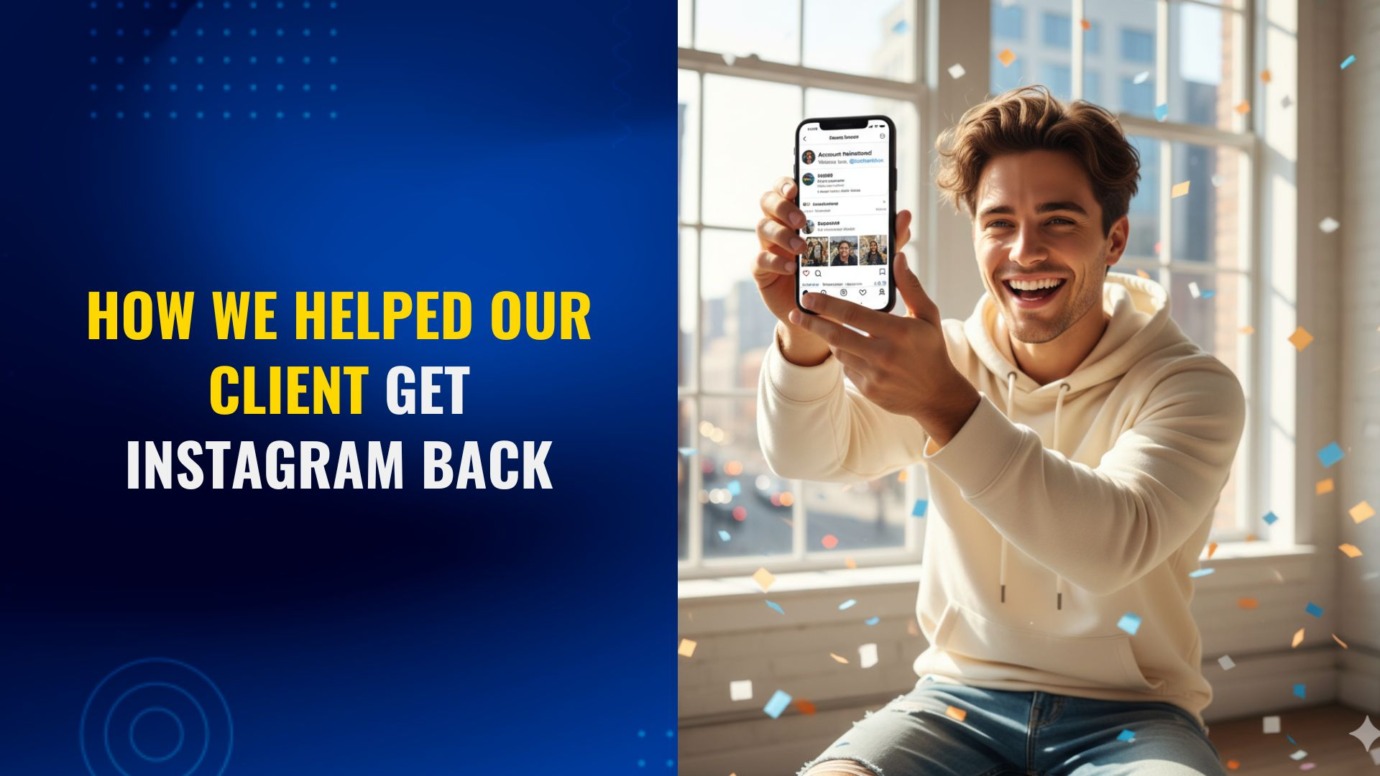 Happy client celebrating after Instagram account reinstated, holding phone showing restored profile with confetti in background