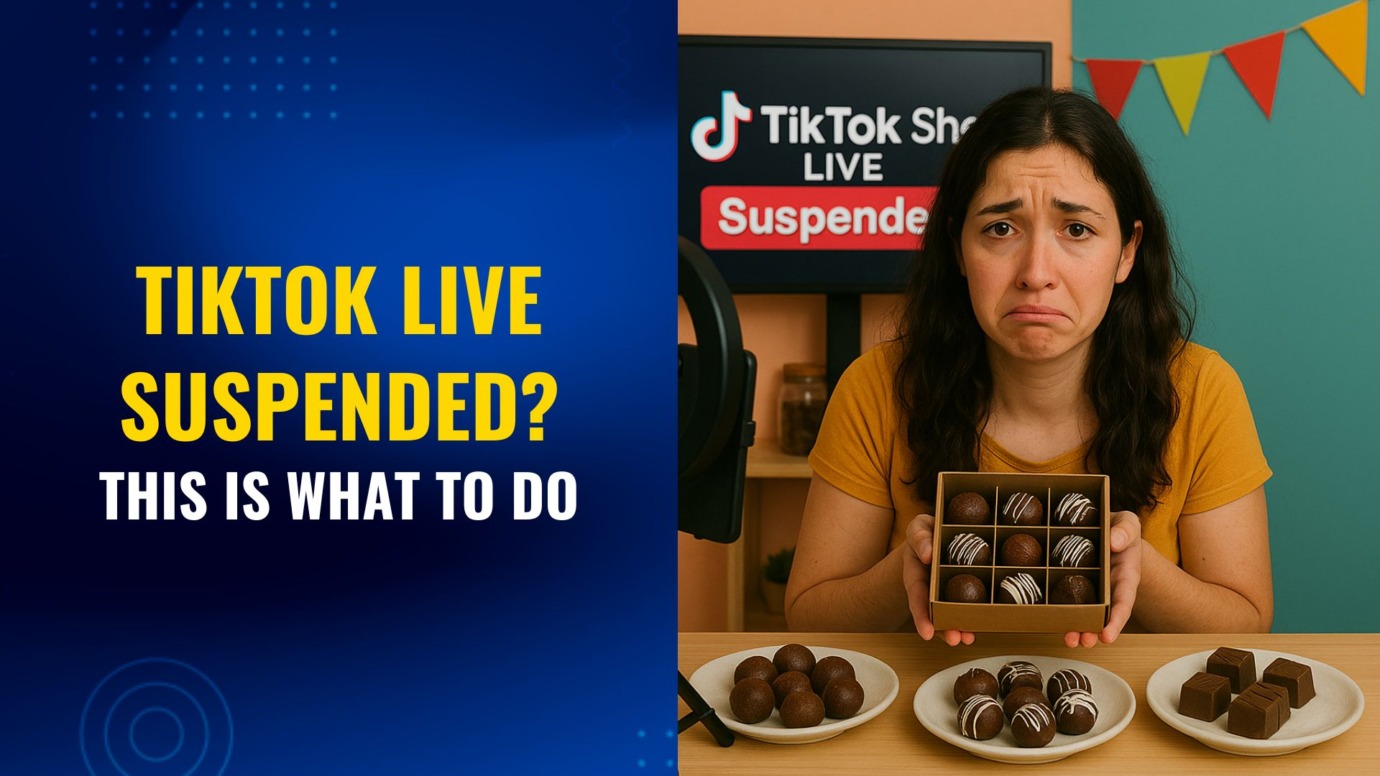 Woman looking sad while holding a box of chocolates with a “TikTok Shop Suspended” message on screen, showing TikTok live suspension issue and what to do next.