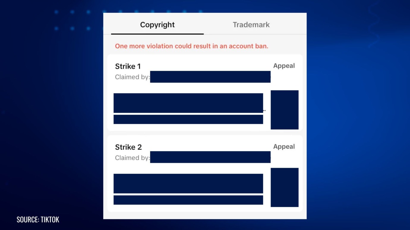 TikTok copyright violation dashboard showing two strikes, with a warning in red text stating that one more violation could result in an account ban, and options to appeal each strike.