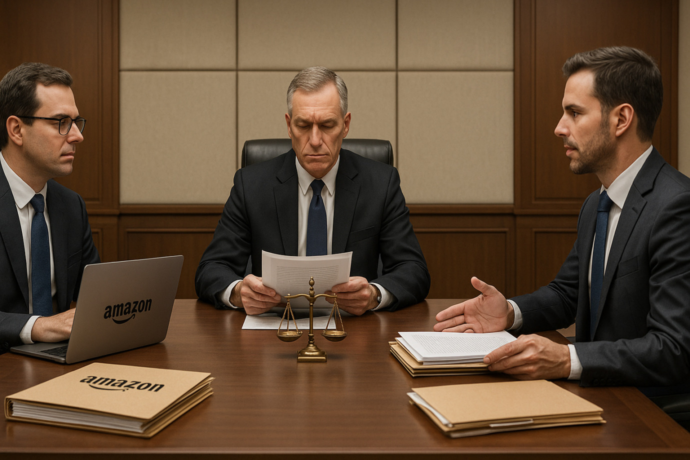 Arbitration hearing with Amazon lawyer, seller, and neutral arbitrator reviewing documents and legal evidence