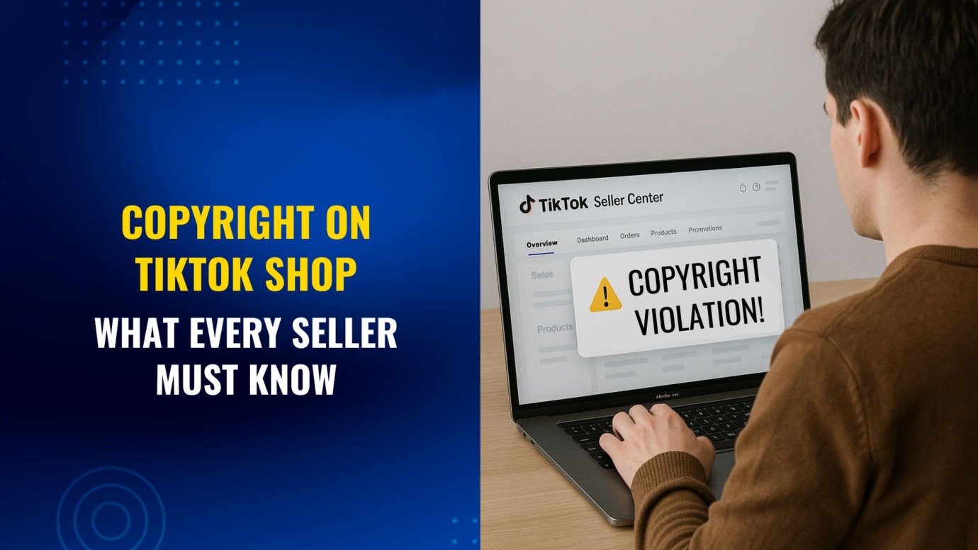 TikTok Shop seller viewing a copyright violation warning on laptop screen, with bold text overlay reading “Copyright on TikTok Shop – What Every Seller Must Know.”