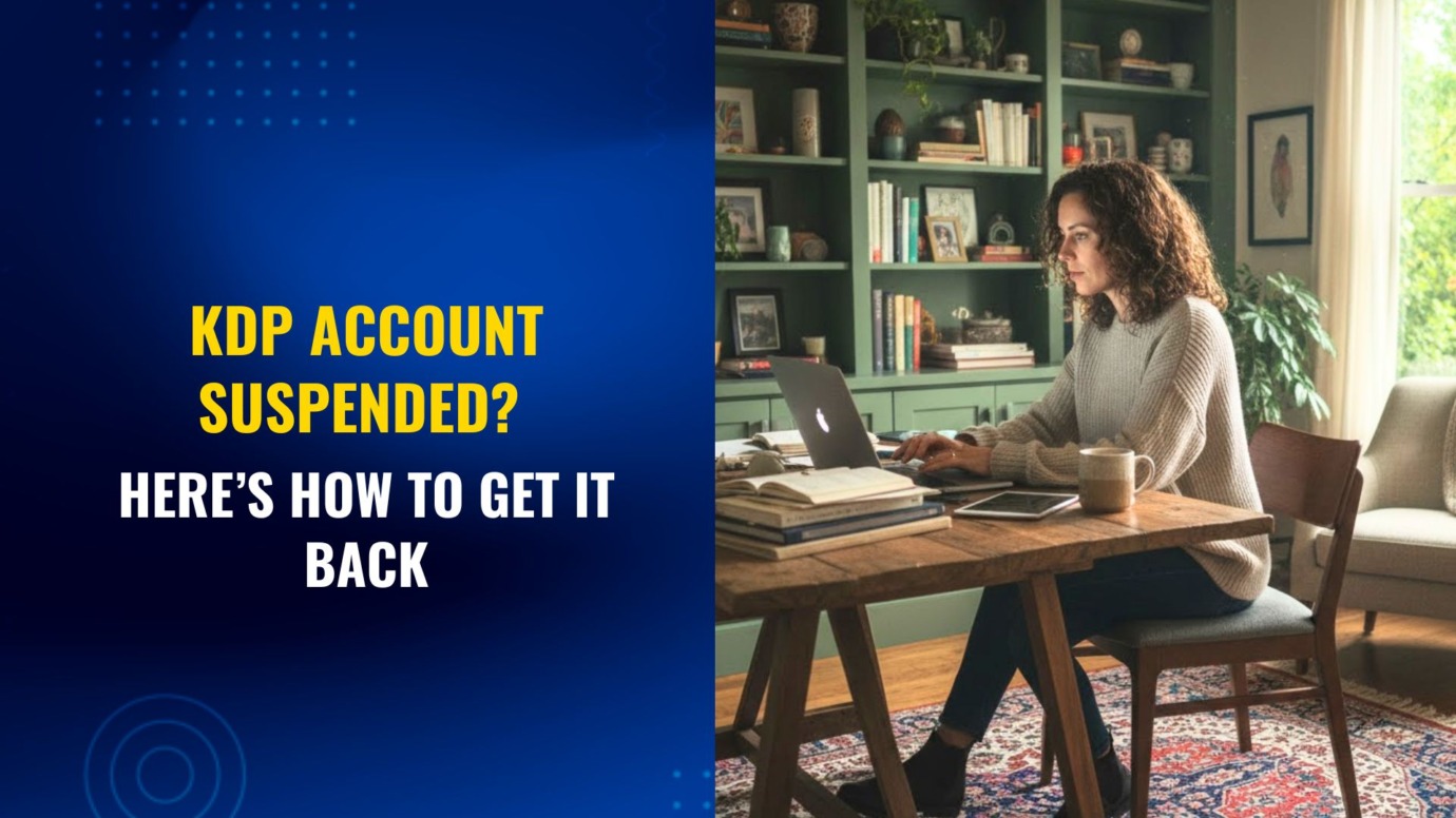A woman with curly brown hair sits at a wooden desk in a home office, typing on a laptop. She is wearing a light-colored sweater and dark pants. To her left, the screen is split into a blue section with the text "KDP ACCOUNT SUSPENDED? HERE'S HOW TO GET IT BACK" in yellow and white lettering. The office features a green bookshelf filled with books and plants, a window with natural light, and a patterned rug.