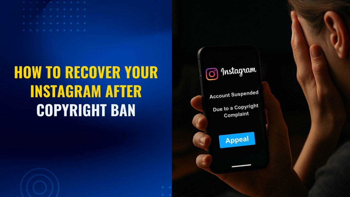 Person holding smartphone displaying Instagram account suspended due to copyright complaint with blue appeal button