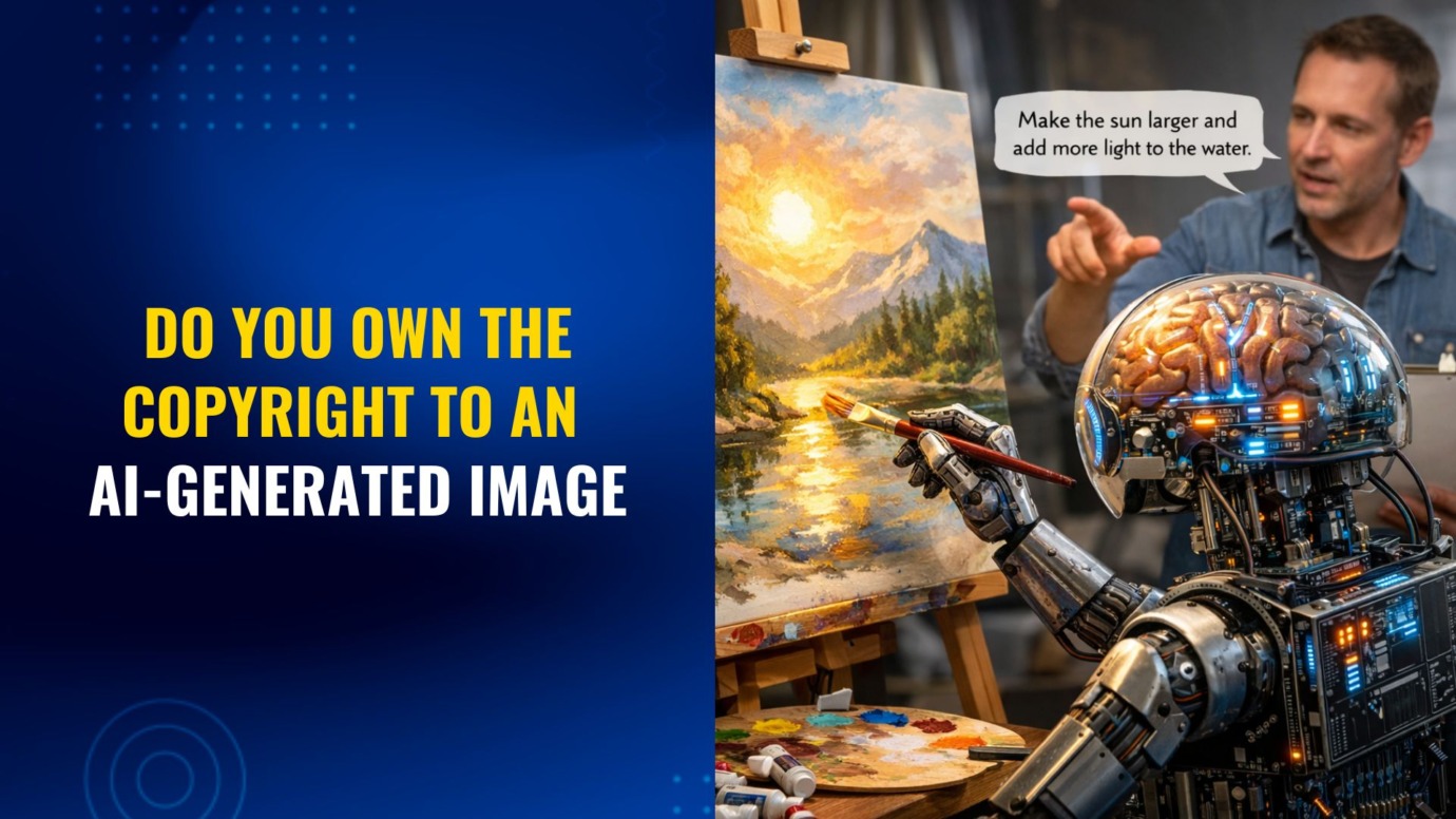 Split graphic about AI image copyright. On the left, bold yellow text reads “Do you own the copyright to an AI-generated image” on a blue background. On the right, a humanoid robot paints a sunny mountain landscape on an easel while a man points and speaks, with a speech bubble saying “Make the sun larger and add more light to the water.”