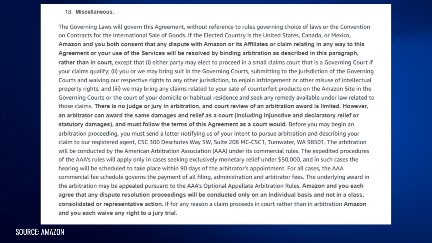 Amazon arbitration clause screenshot showing binding arbitration rules, no jury trial, and individual dispute resolution terms